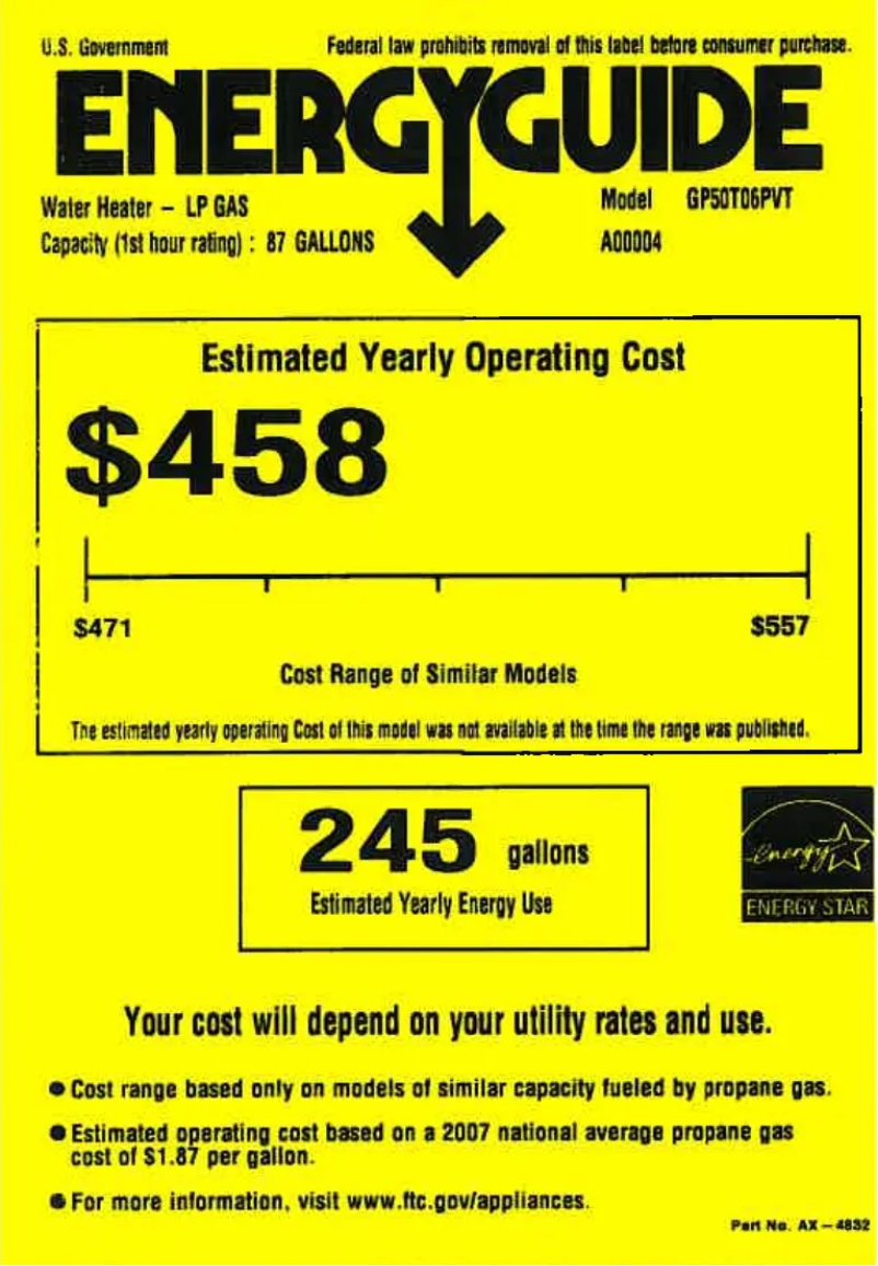 Page 1 de la notice Label énergétique GE GP50T06PVT