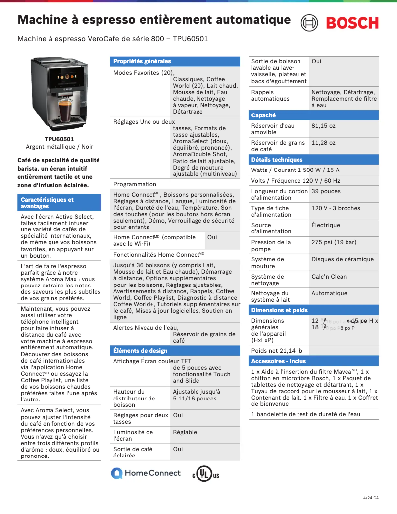 Page 1 de la notice Fiche technique Bosch TPU60501