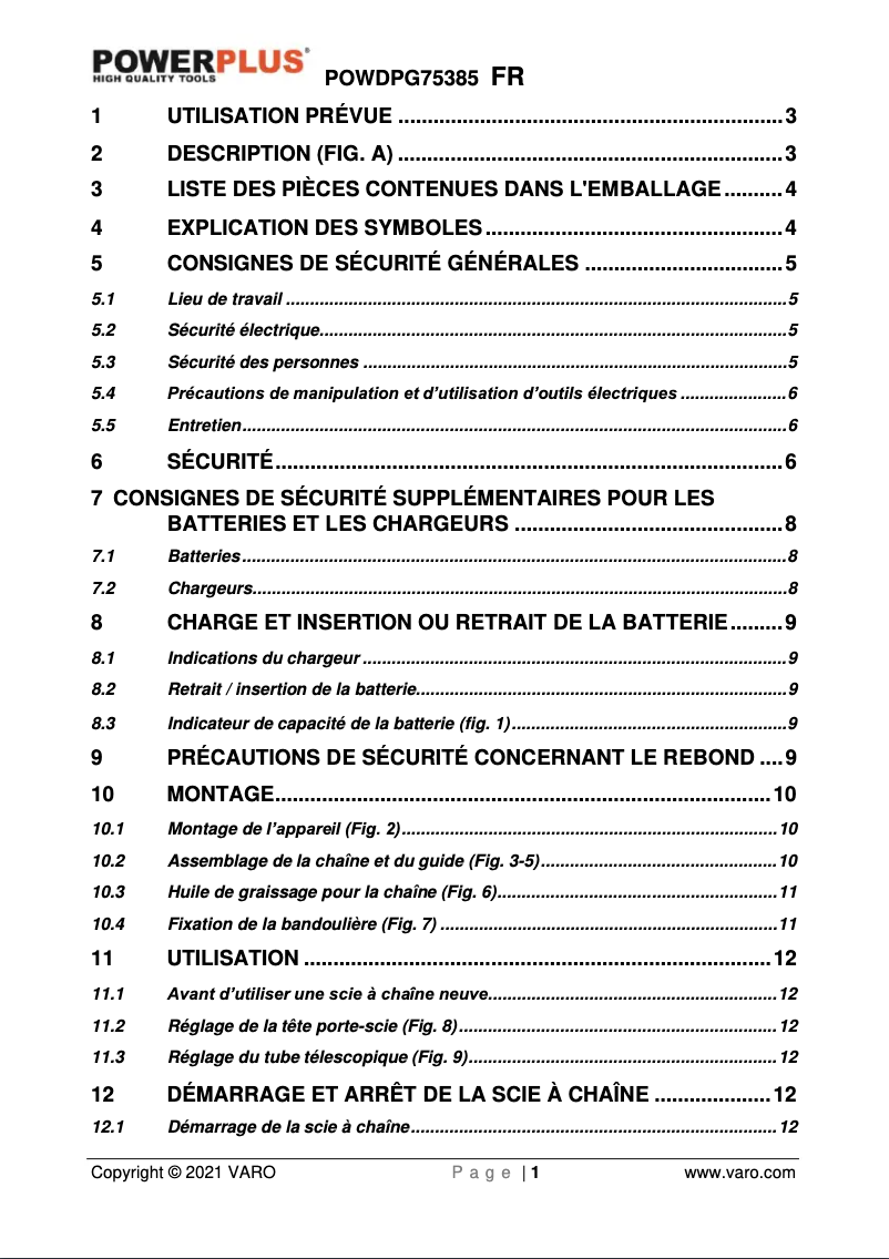 Page 1 de la notice Manuel utilisateur PowerPlus POWDPG75385