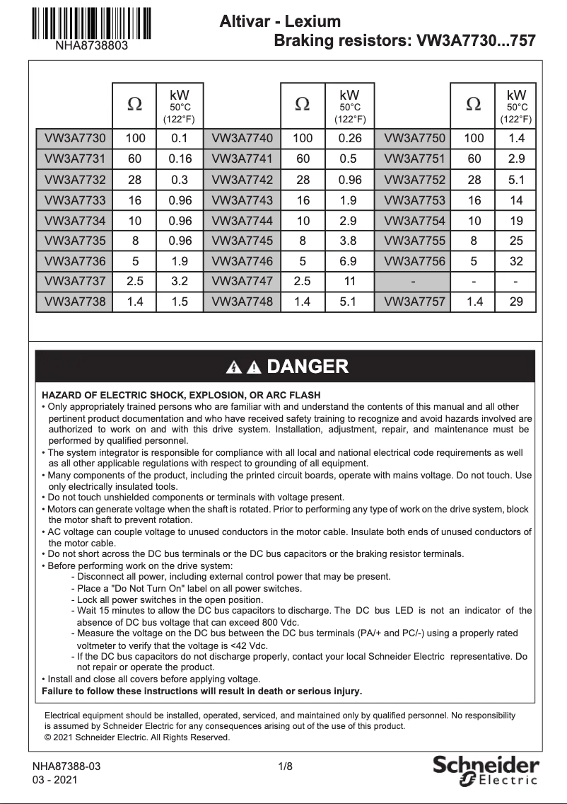 Page 1 de la notice Manuel utilisateur Schneider VW3A7734