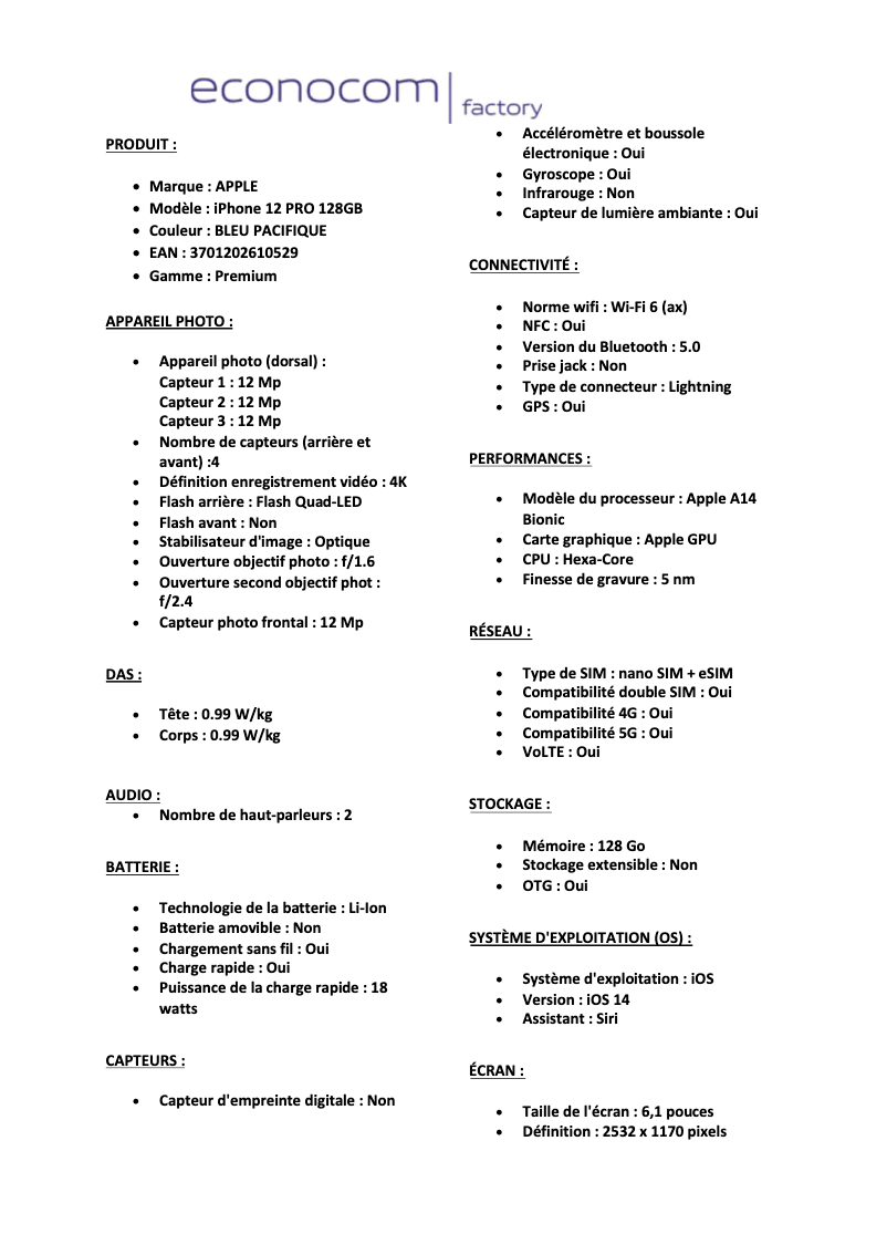 Page 1 de la notice Manuel utilisateur Apple iPhone 12 Pro