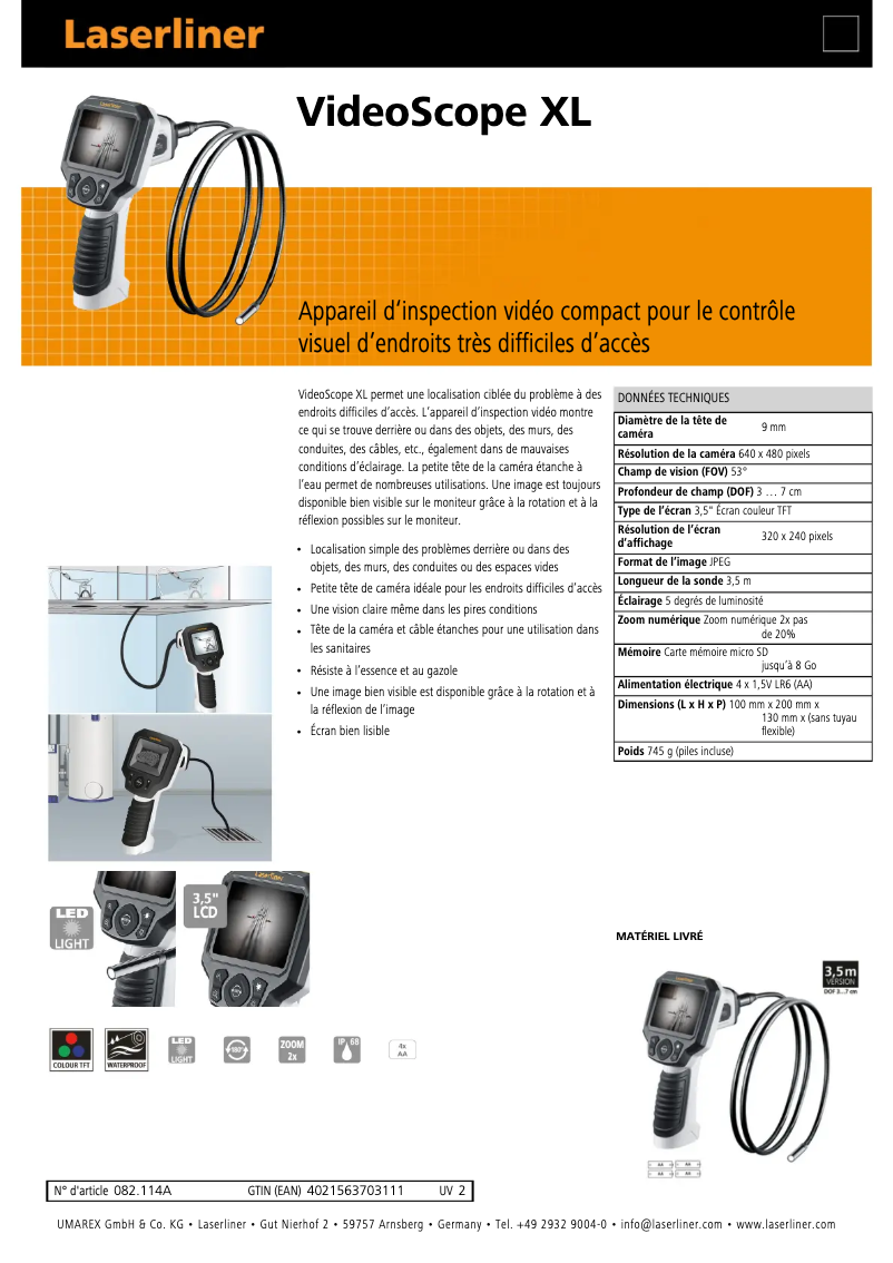 Page 1 de la notice Fiche technique Laserliner VideoScope XL