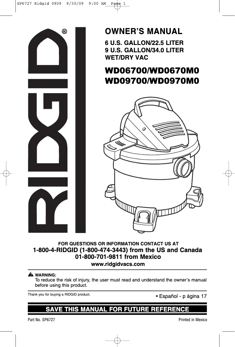 Page n°1 - Manuel utilisateur Ridgid WD0970