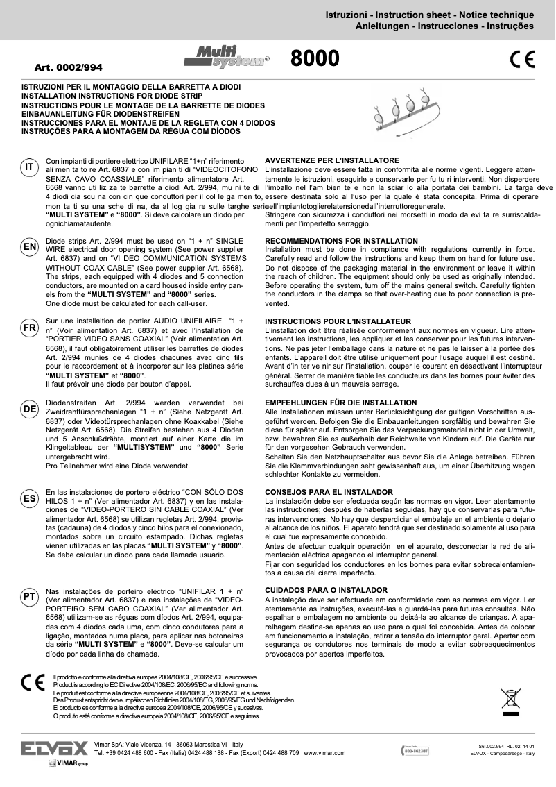 Page 1 de la notice Manuel utilisateur Vimar ELVOX 0002/994