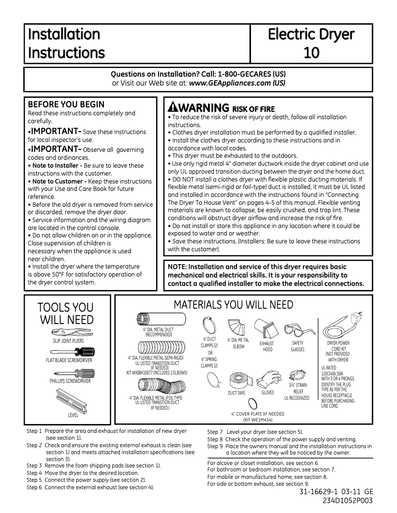 Page n°1 - Guide d'installation GE GFDS350ELWW