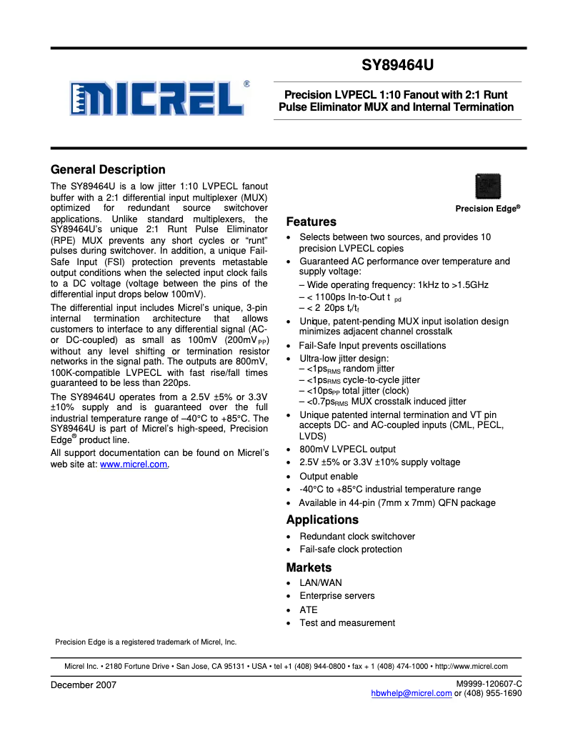 Page 1 de la notice Manuel utilisateur Microchip SY89464U