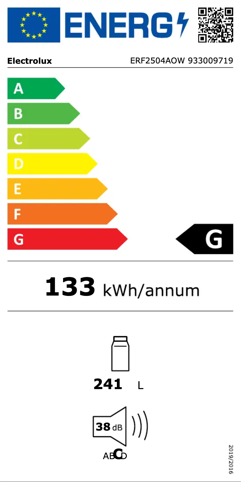 Page 1 de la notice Label énergétique Electrolux ERF2504AOW
