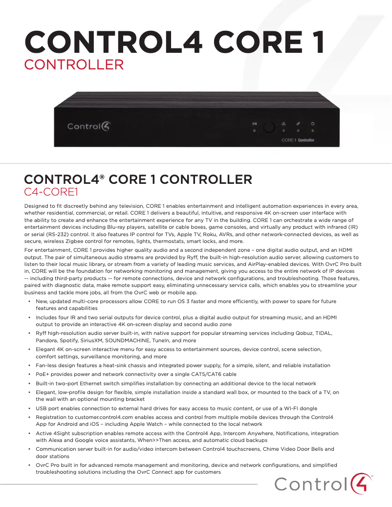 Page 1 de la notice Fiche technique Control4 Core 1