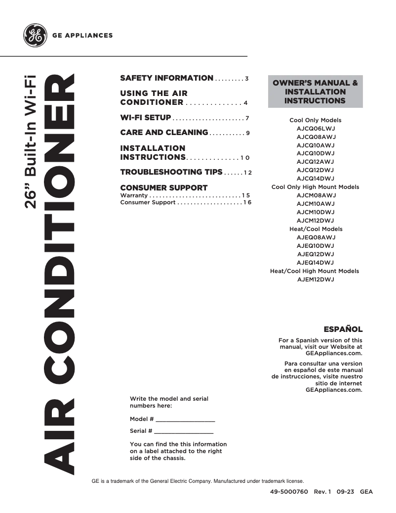 Page n°1 - Guide d'installation GE AJCM10AWJ