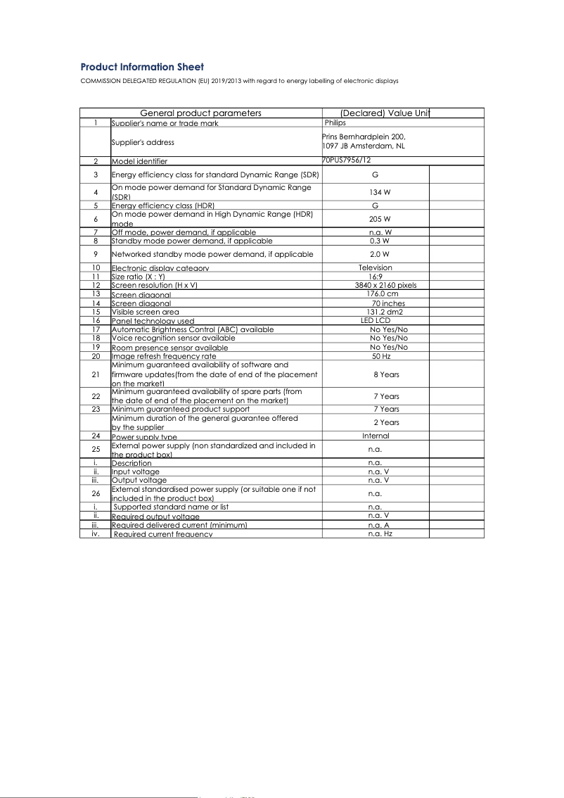 Page n°1 - Fiche technique Philips 70PUS7956