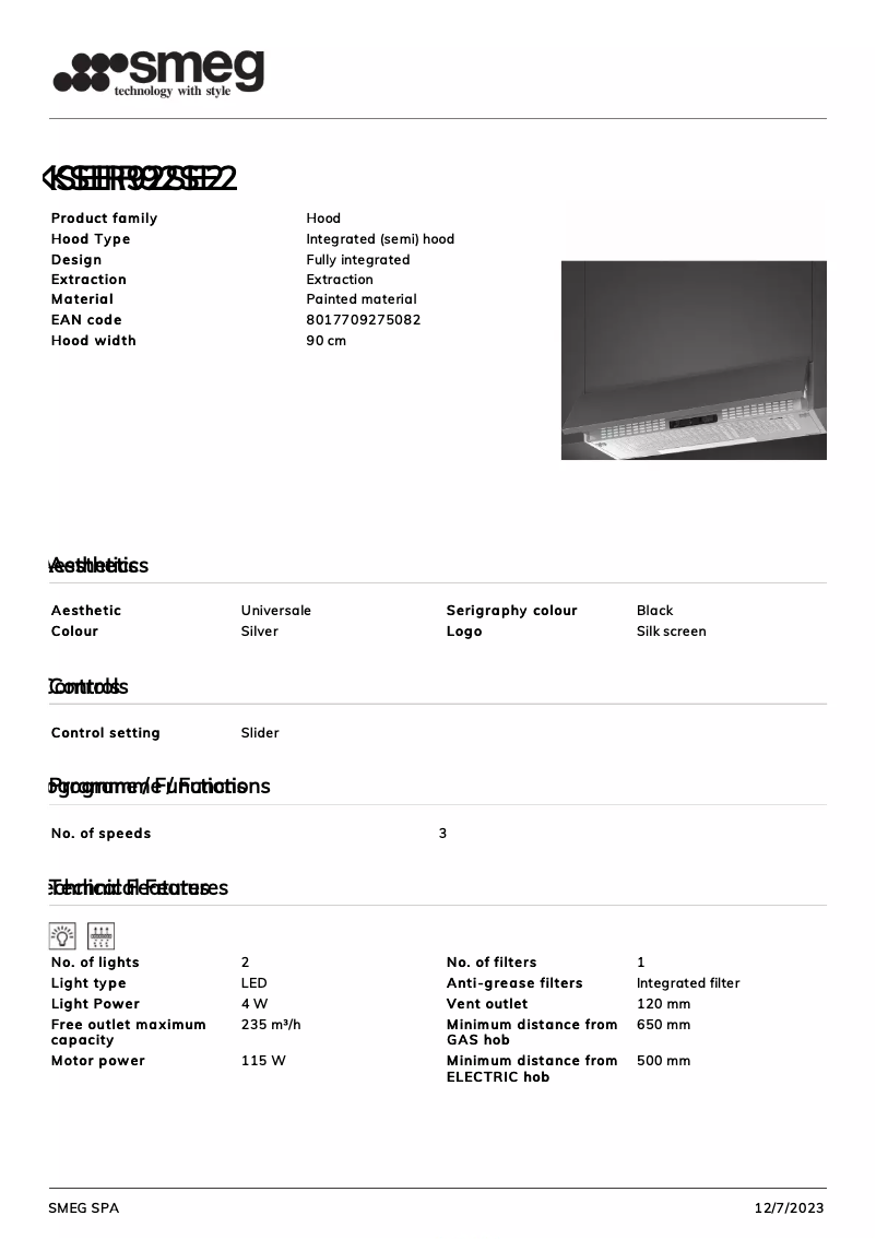 Page 1 de la notice Fiche technique Smeg KSEIR92SE2