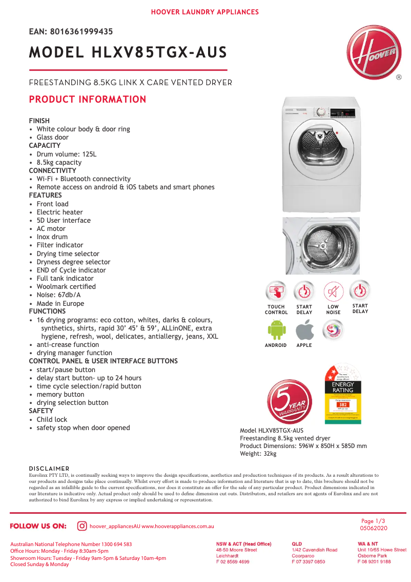 Page n°1 - Fiche technique Hoover HLX V85TGX-AUS