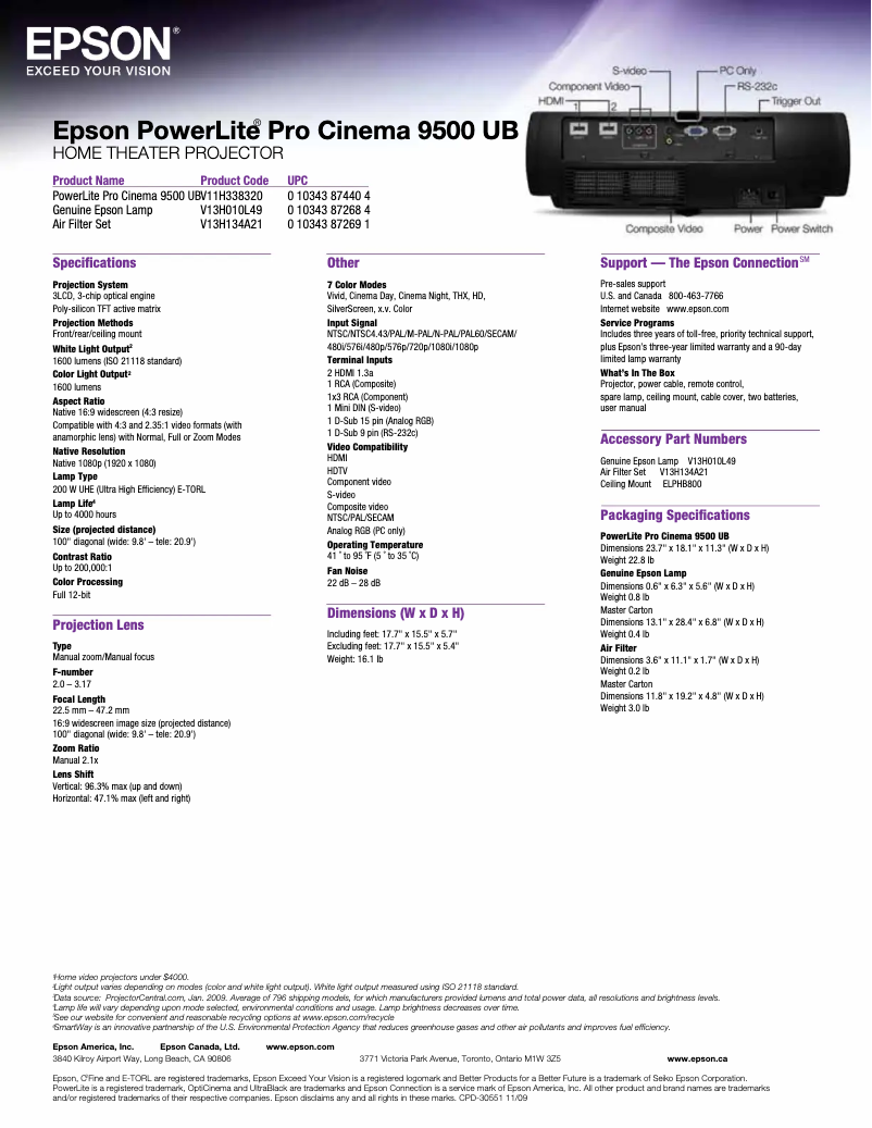 Image de la première page du manuel de l'appareil PowerLite Pro Cinema 9500 UB