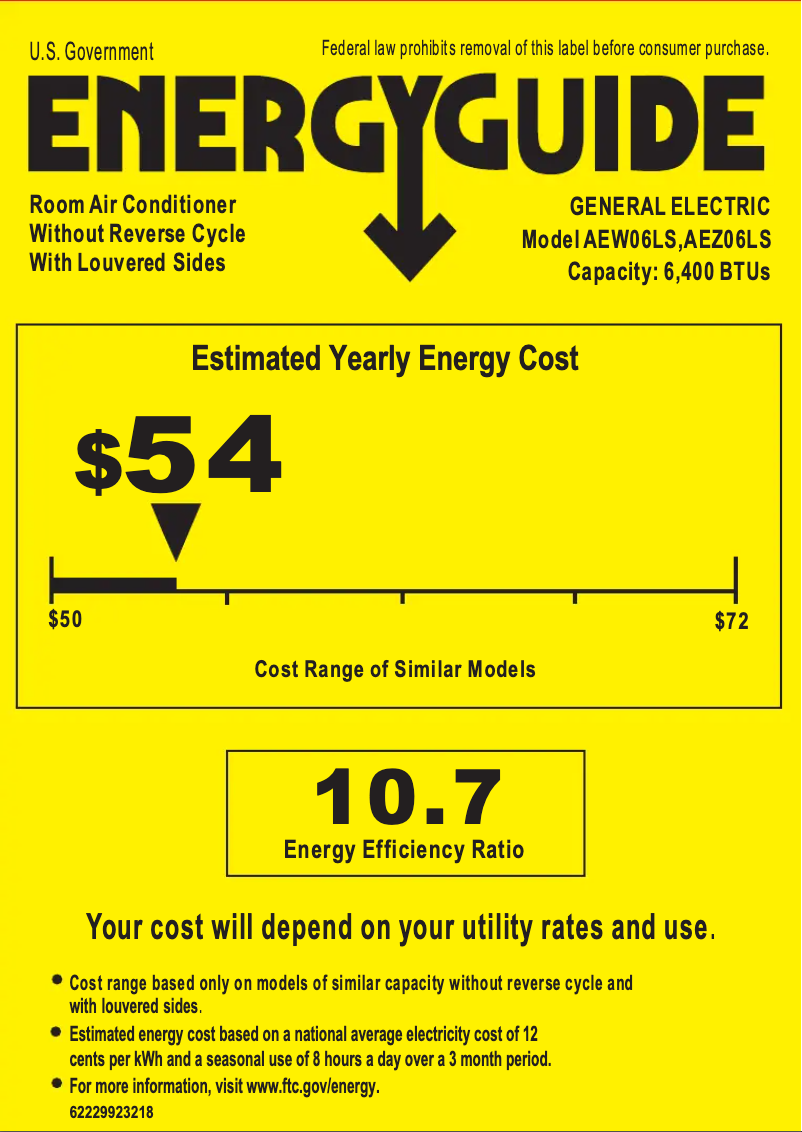 Page 1 de la notice Label énergétique GE AEW06LS