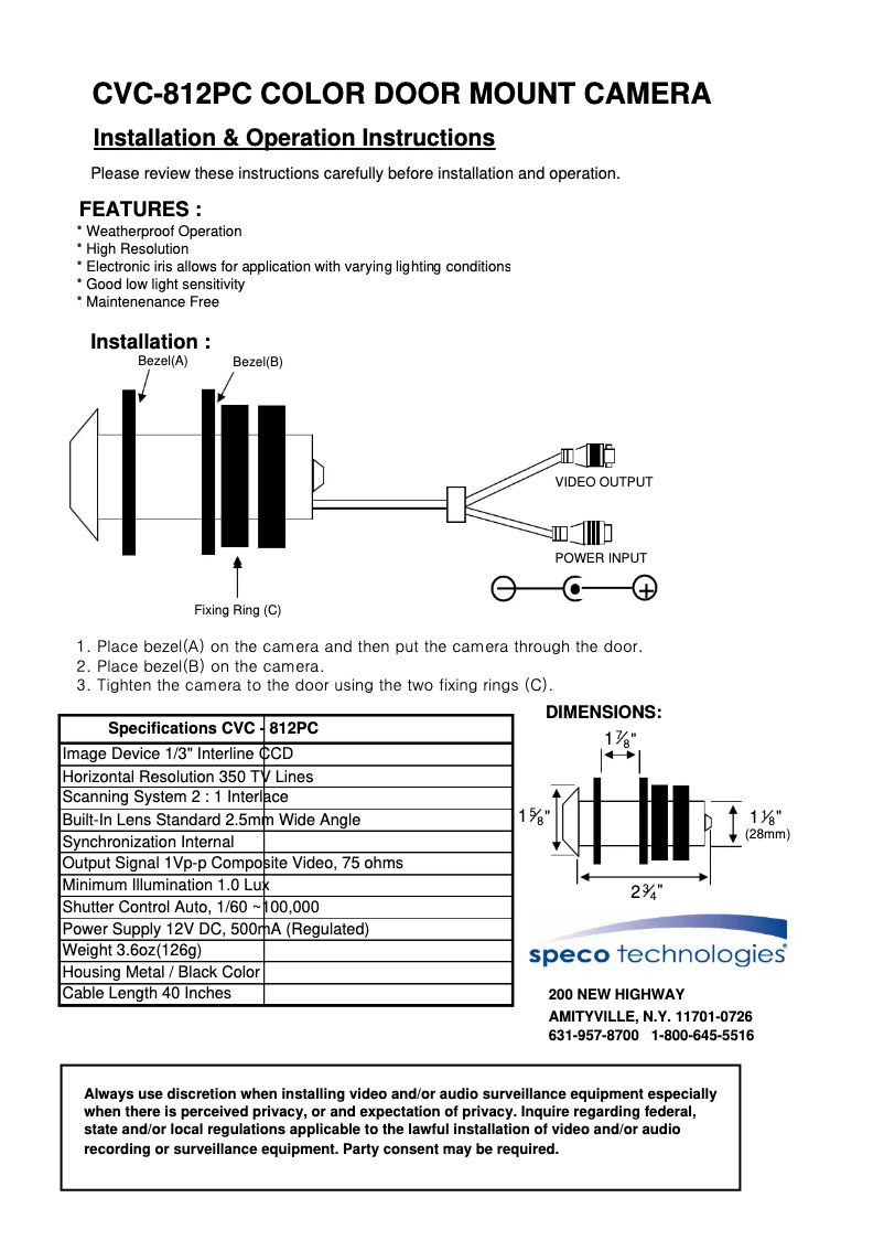 Page 1 de la notice Manuel utilisateur Speco Technologies CVC812PC