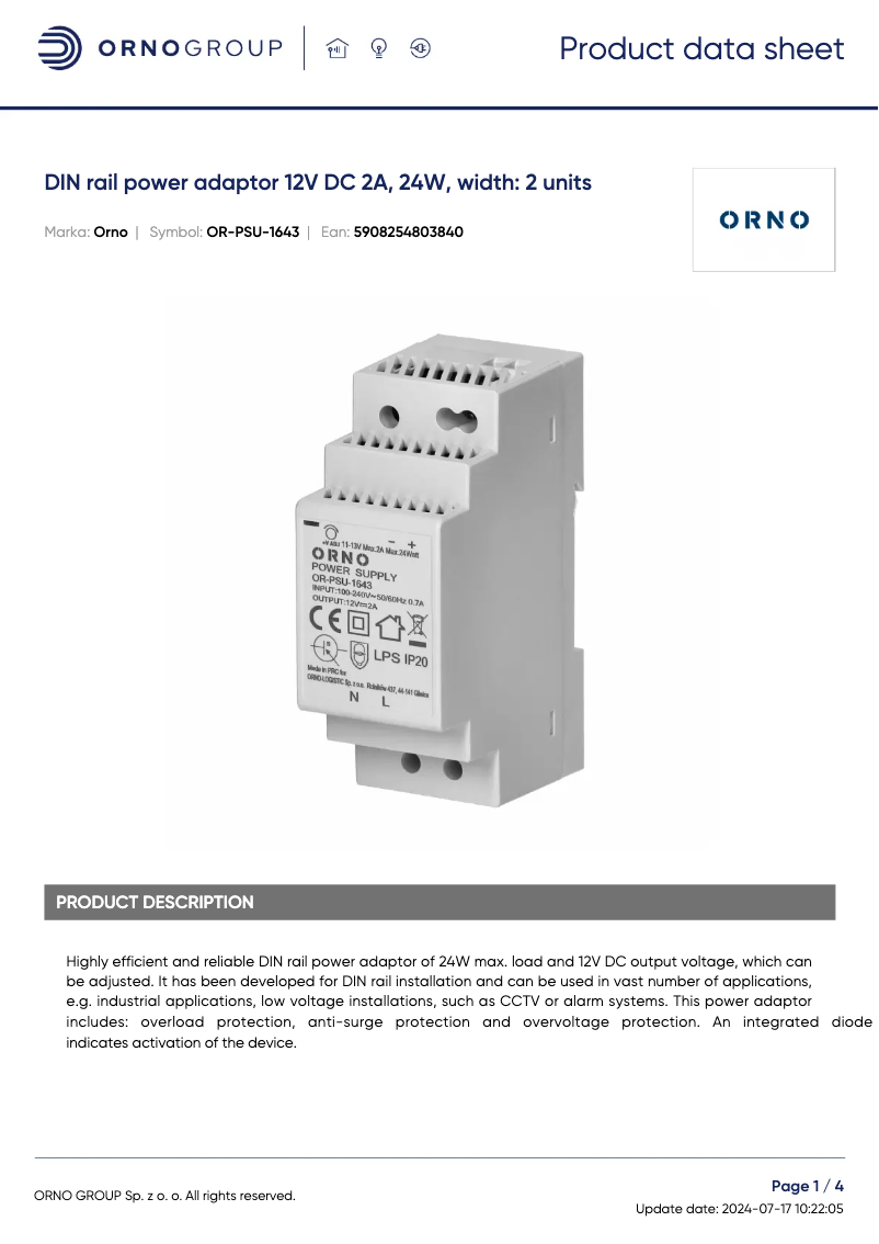 Page 1 de la notice Fiche technique ORNO OR-PSU-1643