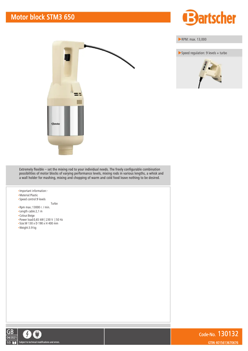 Page 1 de la notice Fiche technique Bartscher STM3 650