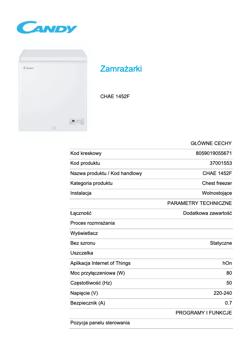 Page 1 de la notice Fiche technique Candy CHAE 1452F