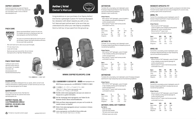 Page 1 de la notice Manuel utilisateur Osprey Ariel 65