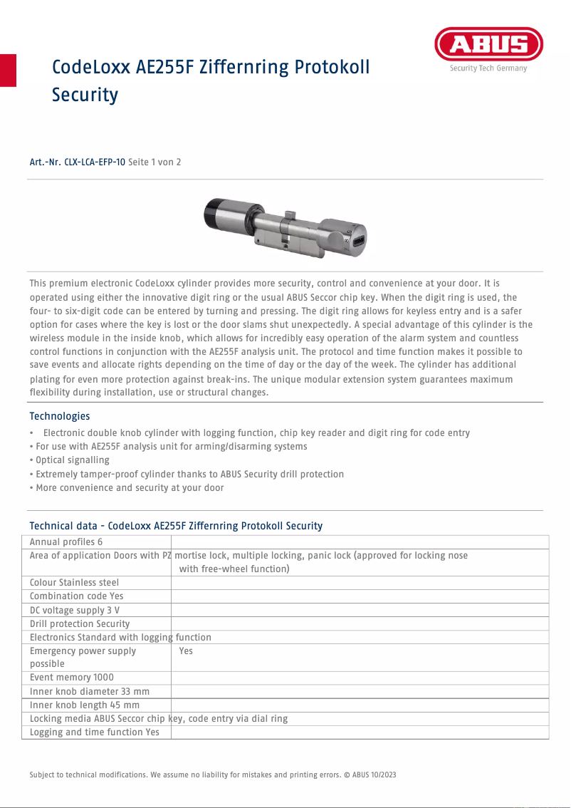 Page 1 de la notice Fiche technique Abus CLX-LCA-EFP-10