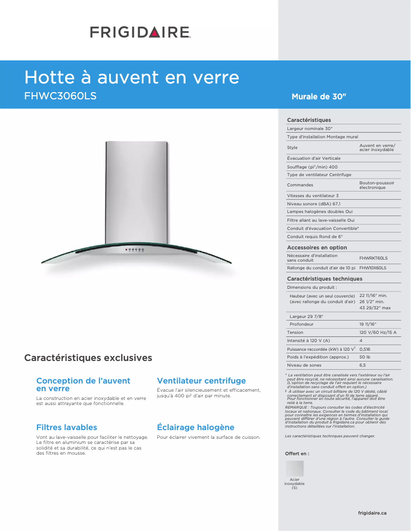 Page n°1 - Fiche technique Frigidaire FHWC3060LS