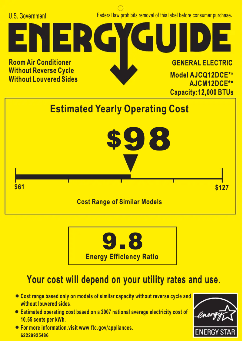 Page 1 de la notice Label énergétique GE AJCQ12DCE