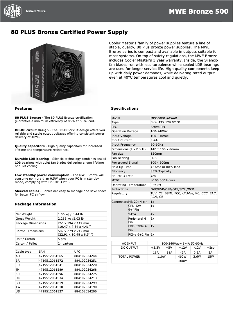 Page 1 de la notice Fiche technique Cooler Master MWE Bronze 500