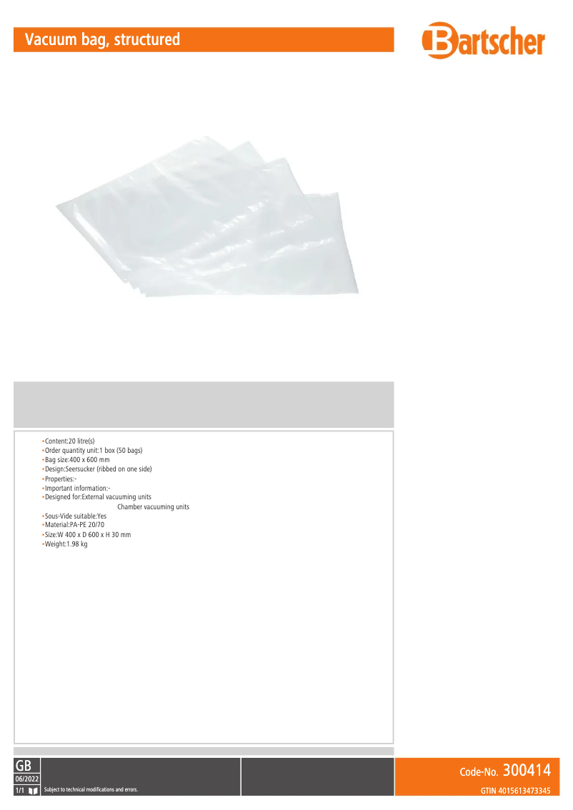 Page 1 de la notice Manuel utilisateur Bartscher 300414