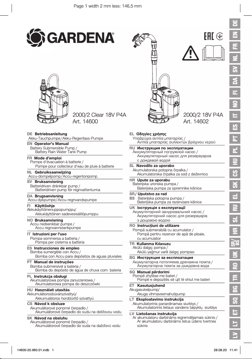 Page 1 de la notice Manuel utilisateur Gardena 2000/2 Clear 18V P4A