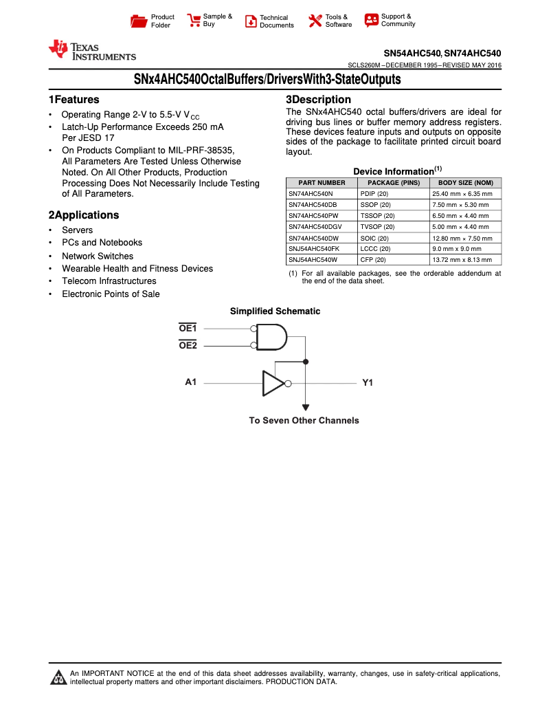 Page 1 de la notice Manuel utilisateur Texas Instruments SN74AHC540N