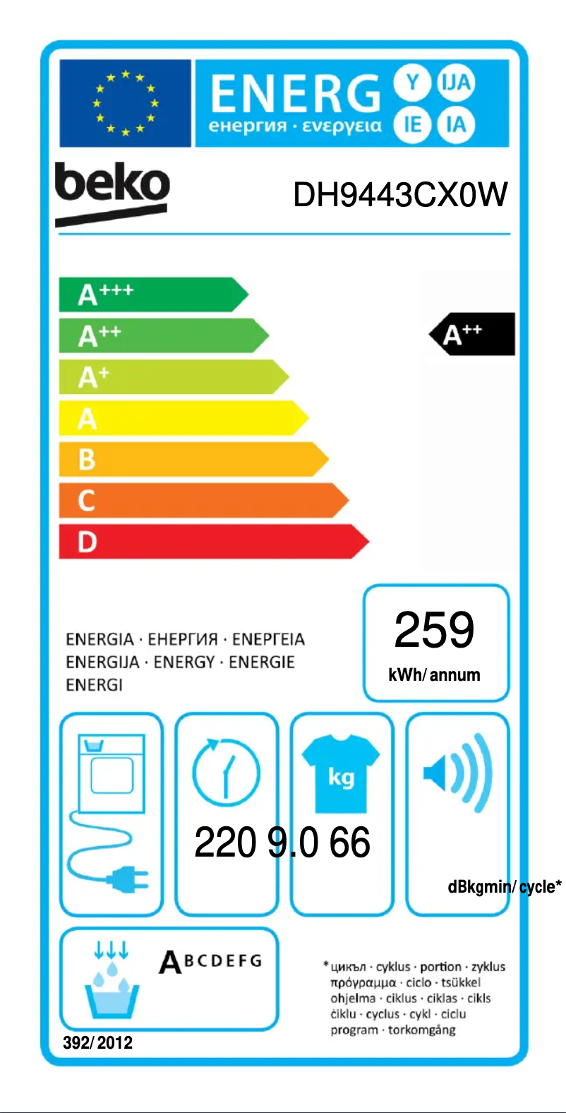 Page 1 de la notice Label énergétique Beko DH9443CX0W