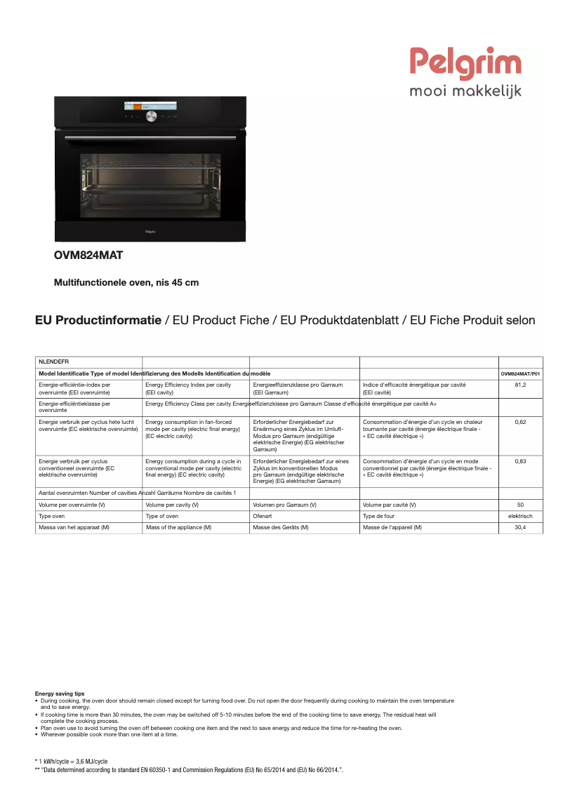Page 1 de la notice Fiche technique Pelgrim OVM824MAT
