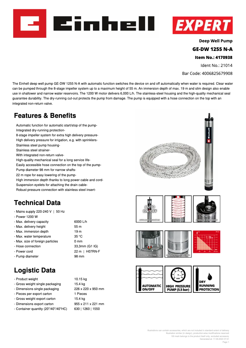 Page 1 de la notice Fiche technique Einhell GE-DW 1255 N-A