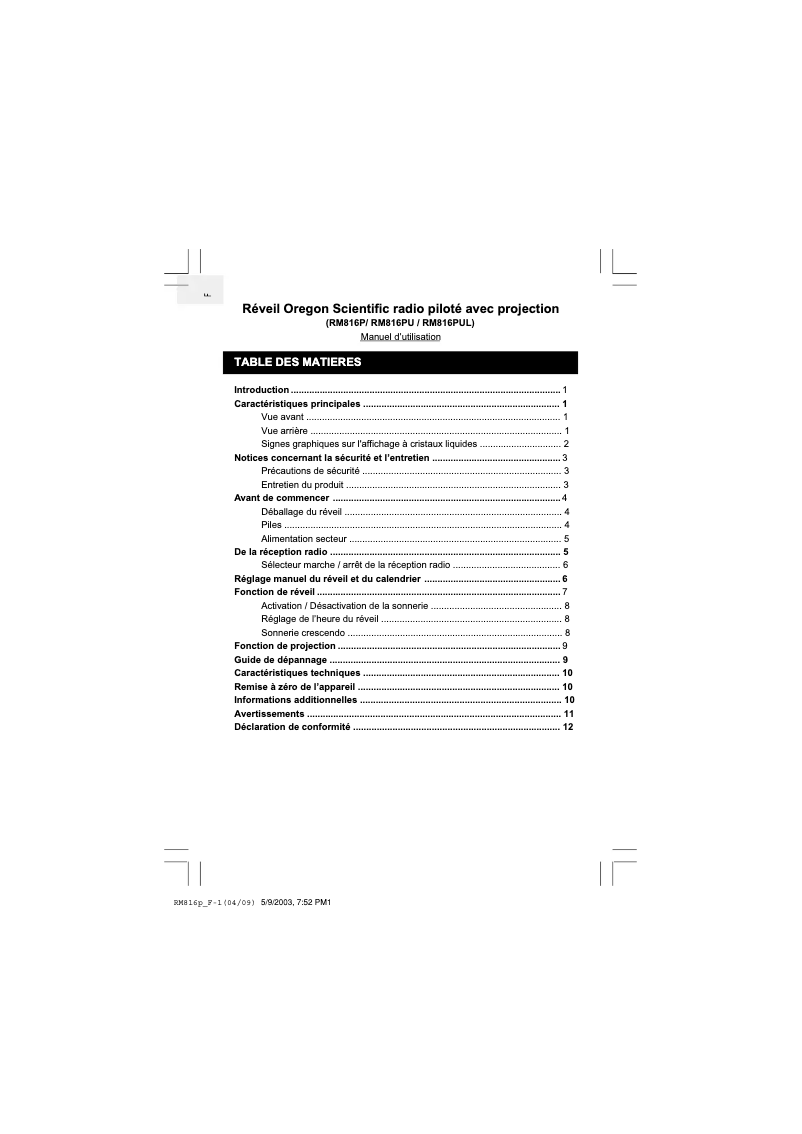 Page 1 de la notice Manuel utilisateur Oregon Scientific RM816P