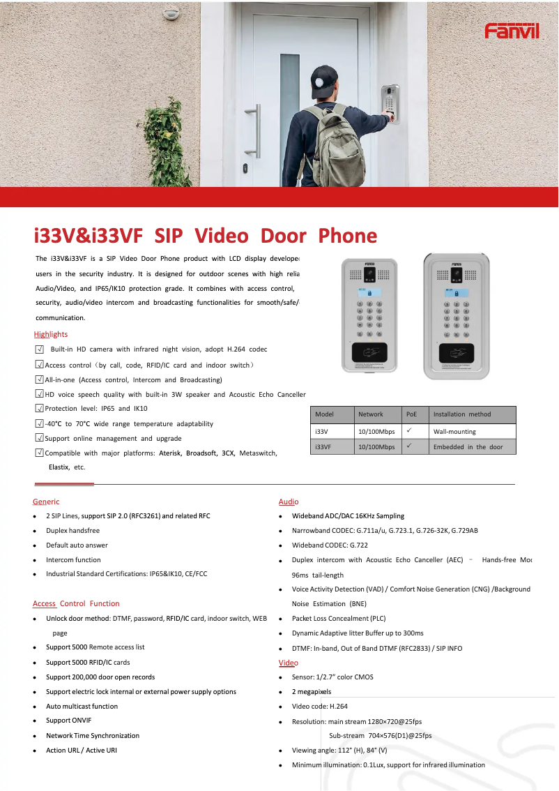 Page 1 de la notice Fiche technique Fanvil I33VF