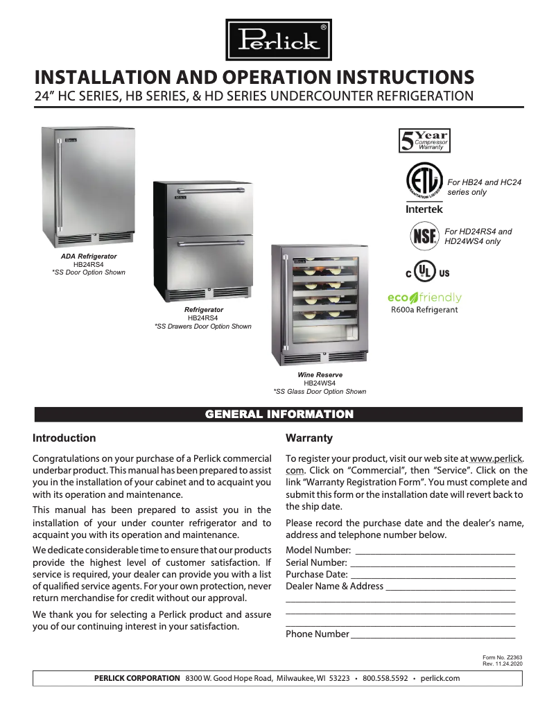 Page n°1 - Manuel utilisateur Perlick HC24FS-4