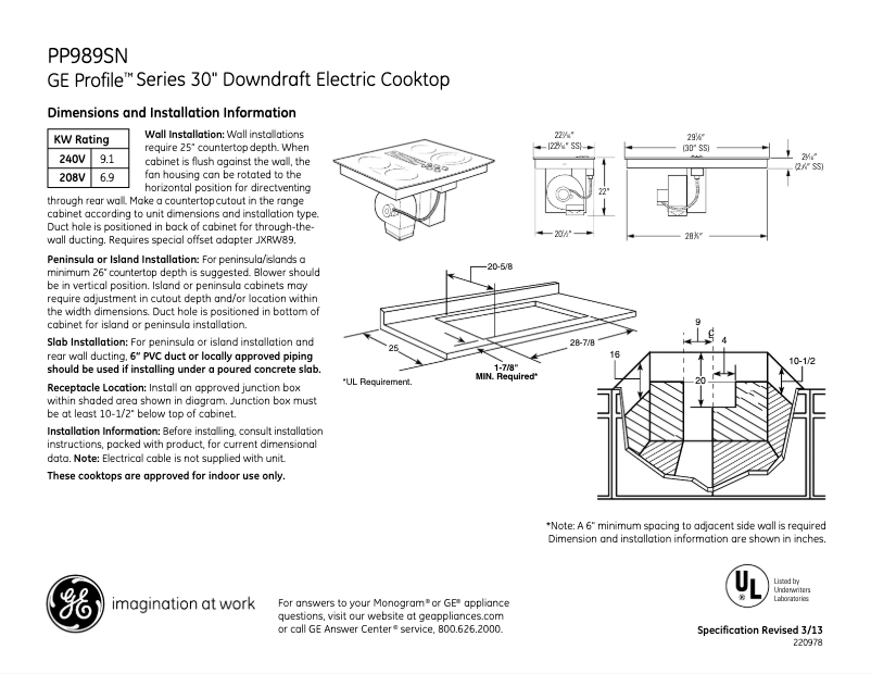 Page 1 of the manual Technical Sheet GE Profile PP989SNSS