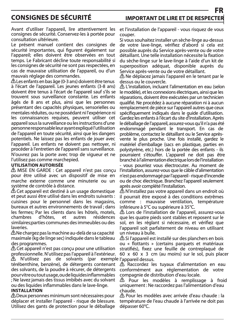 Page 1 de la notice Instructions de sécurité Whirlpool FFD 9469E BV BE