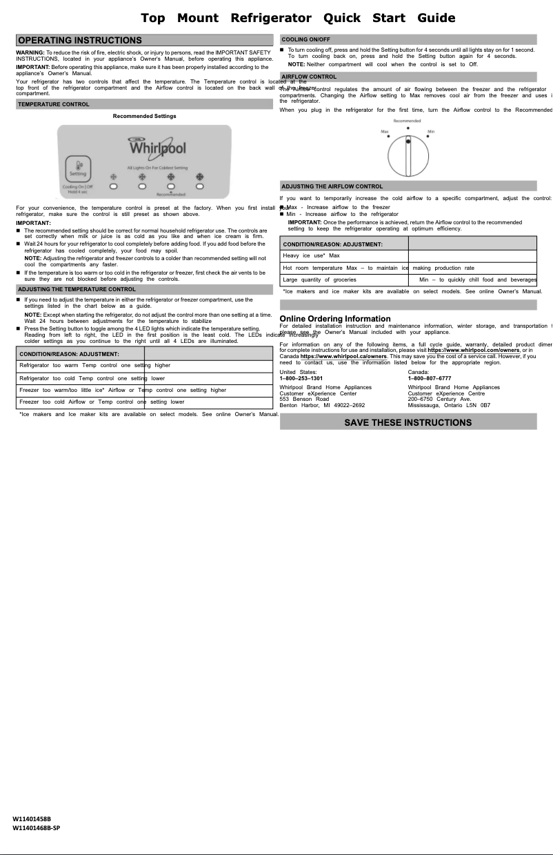 Page 1 de la notice Guide de démarrage rapide Whirlpool WRT108FFDM