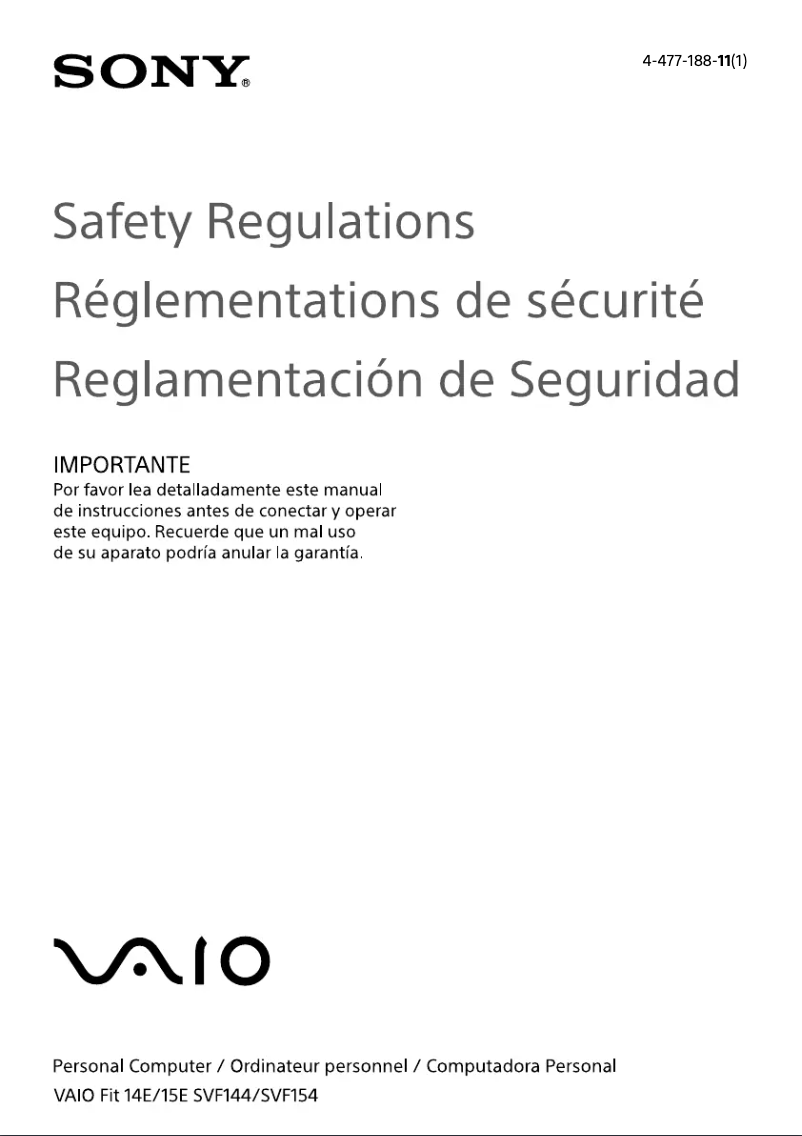 Page n°1 - Instructions de sécurité Sony Vaio Fit 15 SVF15416CXB