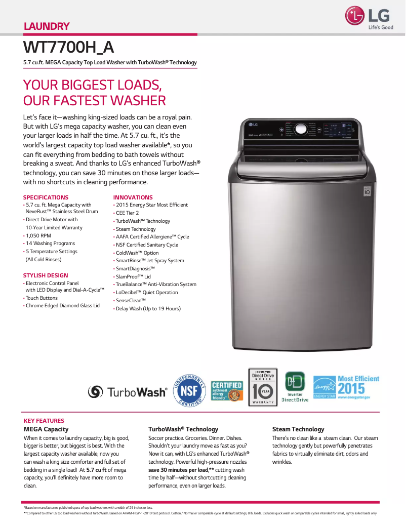 Page 1 de la notice Fiche technique LG TurboWash WT7700HA