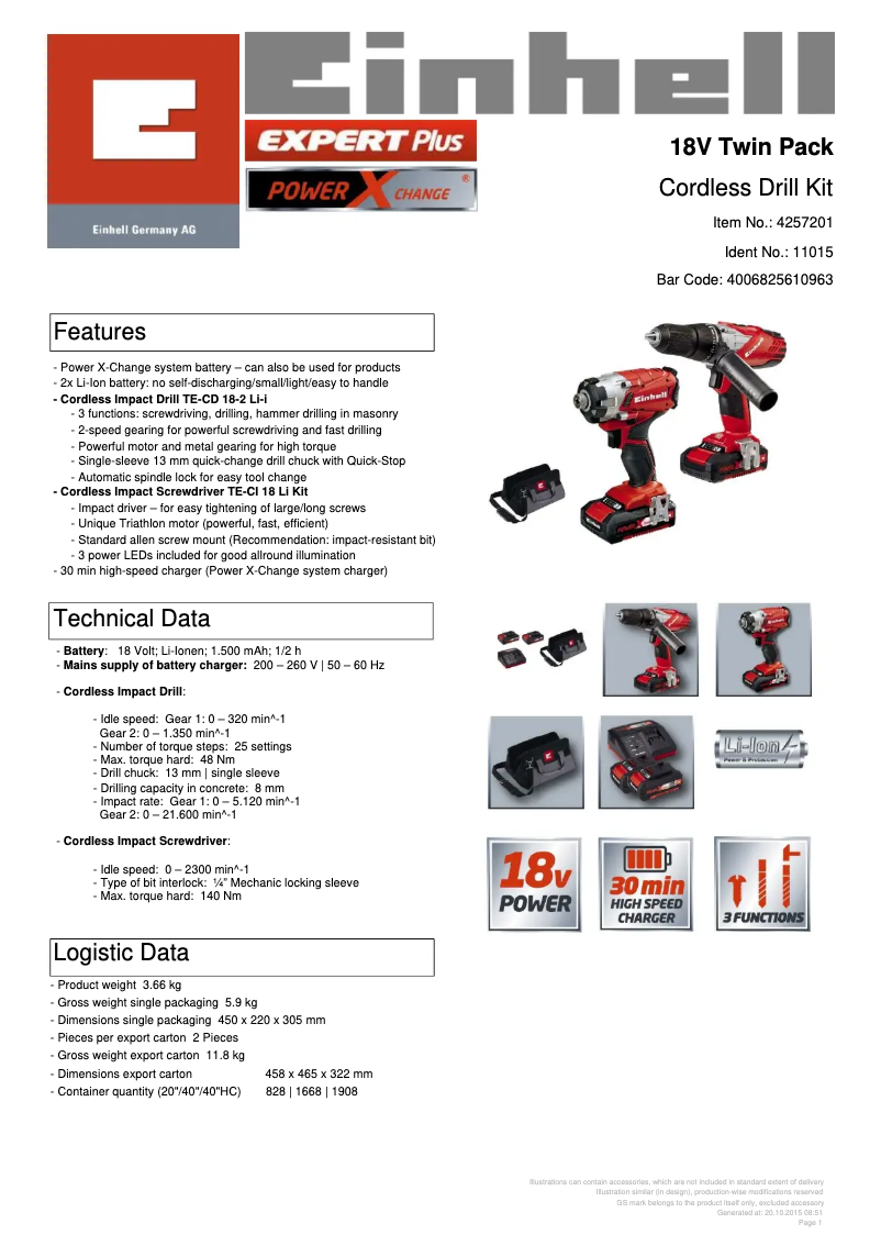 Página 1 del manual Ficha técnica Einhell TE-CI 18 Li