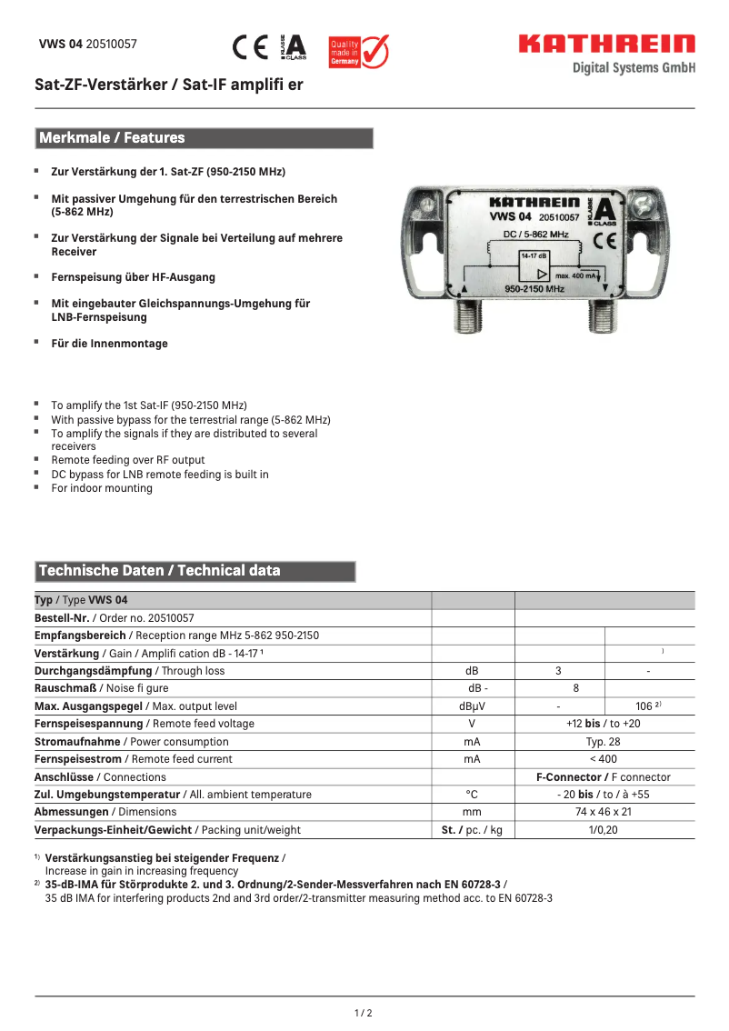 Page 1 de la notice Fiche technique Kathrein VWS 04
