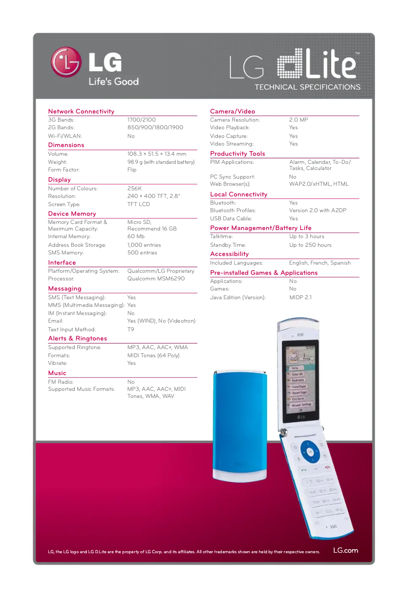 Page n°1 - Fiche technique LG GD570AW