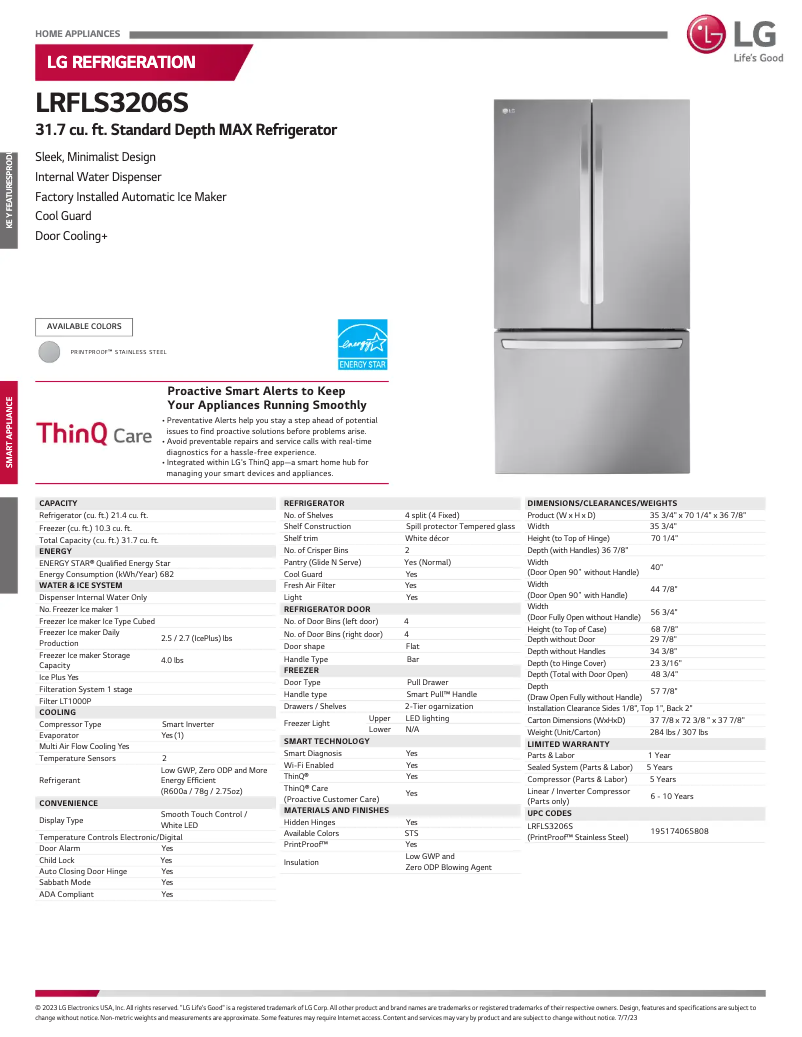 Page 1 de la notice Fiche technique LG LRFLS3206S