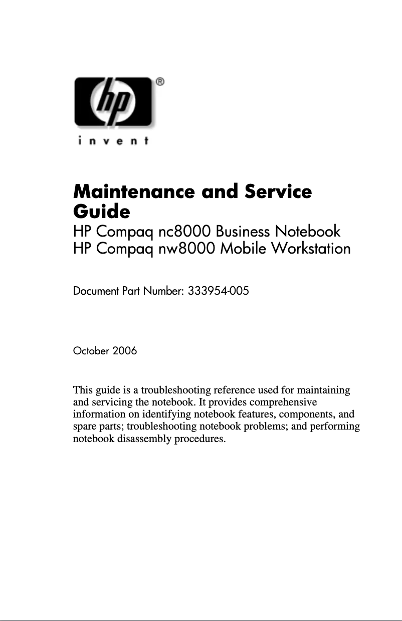 Page 1 de la notice Manuel utilisateur HP Compaq nc8000