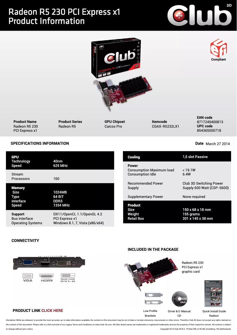 Page n°1 - Manuel utilisateur CLUB3D Radeon R5 230 PCI EXPRESS X1