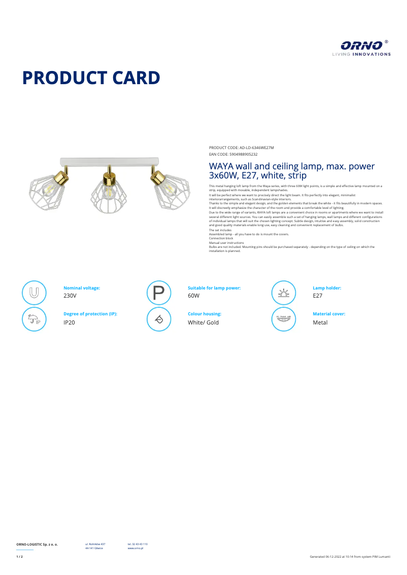 Page 1 de la notice Fiche technique Adviti AD-LD-6346WE27M