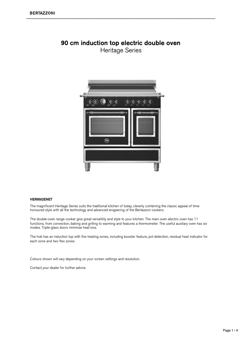 Page 1 de la notice Fiche technique Bertazzoni HER95I2ENET