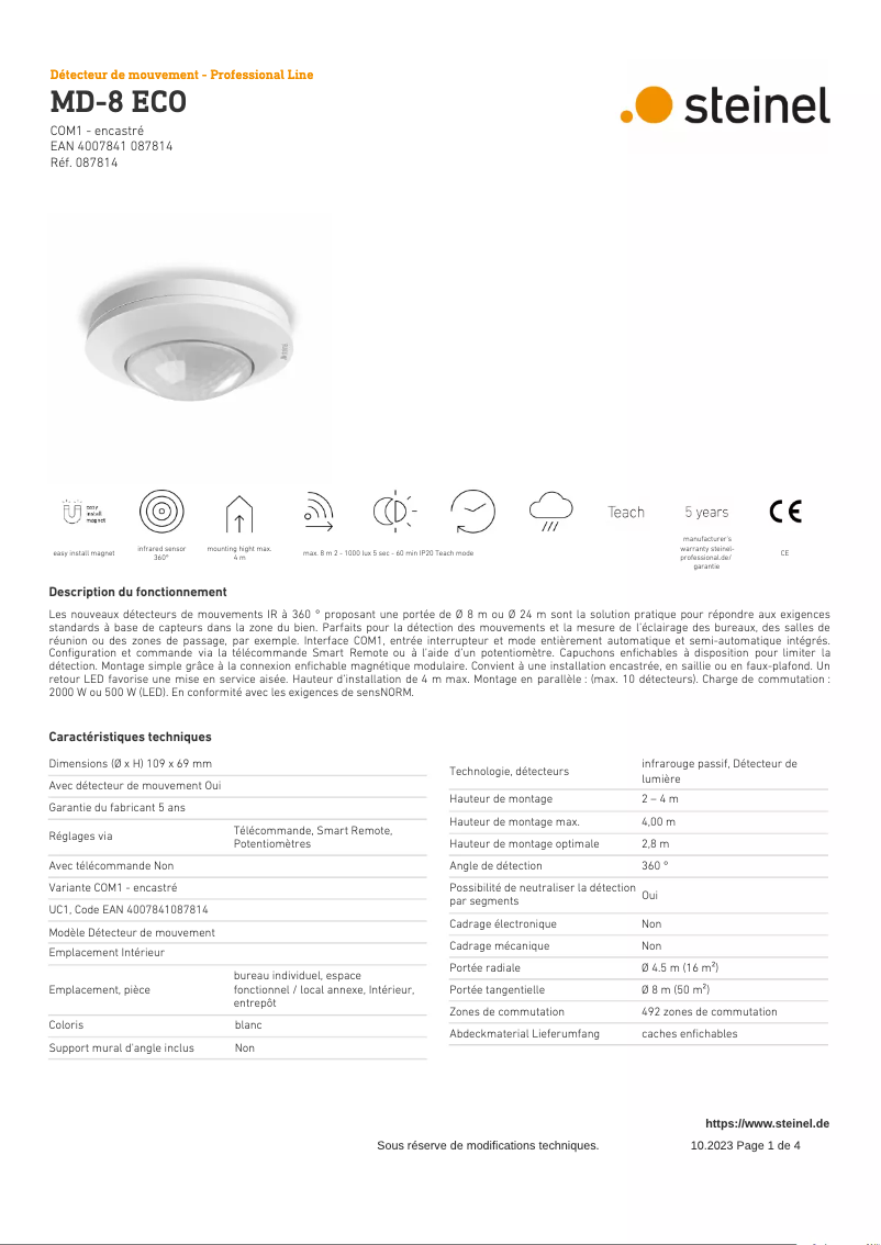 Page 1 de la notice Fiche technique Steinel MD-8 ECO COM1